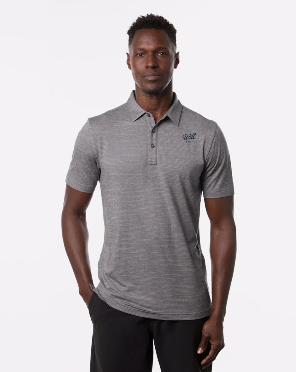 Will Golf TravisMathew The Heater Custom Logo Golf Shirts with script logo on the front left chest