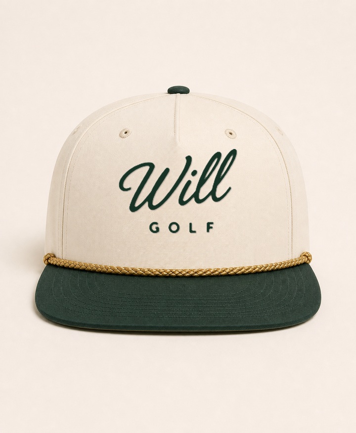White Will Golf rope hat with green script logo