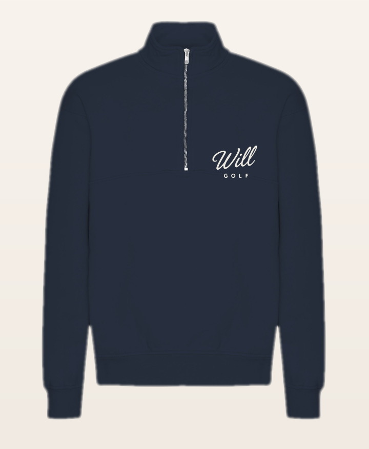 Navy Will Golf quarter-zip concept with cream script embroidery